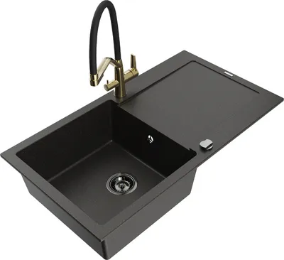 Produktbild von Mexen Leo 1 Becken-Granitspüle mit Abtropffläche und Mischbatterie Duo, Schwarz/Gold metallisch - 6501-75-671701-57-B