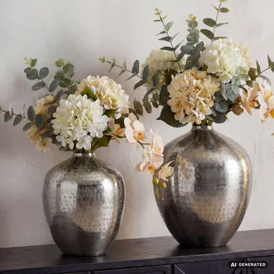 Image de Lot de 2 vases de table WOHNLING, en aluminium argenté, design moderne, pour décoration intérieure. Vases ronds en métal, idéal pour le salon. Vases en aluminium, design élégant, pour décorer une table. Fabrication artisanale, Image générée par une IA