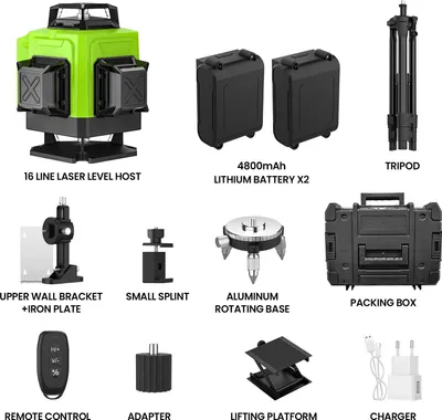 Immagine prodotto di Livella laser a raggio laser - 16 linee, laser a croce a 360° - Autolivellante - Con treppiede e telecomando - Raggio verde