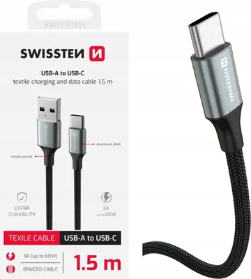 Imagen del producto de Cable USB para carga, conector USB-A a USB-C, color , longitud 1,5 metros, trenzado, 3A, 60W, marca Swissten