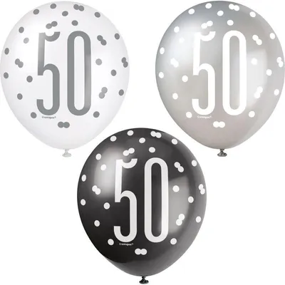 Produktbild von 6 Luftballons schwarz & silber Zahl 50