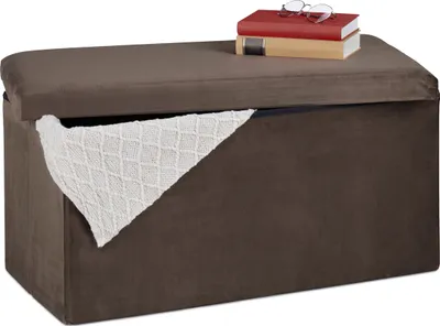 Produktbild von Relaxdays Sitzbank mit Stauraum, Samtbezug, 80 L, Flur, Wohnzimmer, gepolstert, faltbar, Truhenbank, 38x77x39 cm, braun