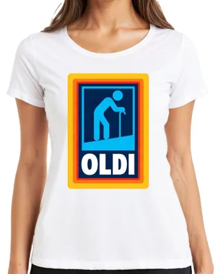 Productafbeelding van OLDI, Grappige Opa, Gepensioneerde, Verjaardag, Supermarkt, Statement, Sarcasme, Dames T-shirt, Wit, Maat M