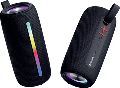 Two black portable speakers are shown against a white background.