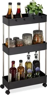 Produktbild von Kompaktes Nischen-Rollregal mit 3 Ablagen und 4 Haken, offenes Design