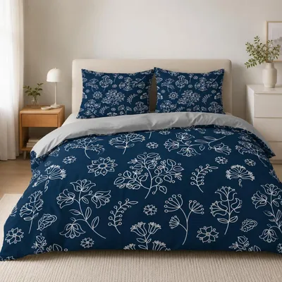 Produktbild von Bettwäsche-Set 200x220 cm Blau Geblümt Mikrofaser 3-teilig mit Reißverschluss