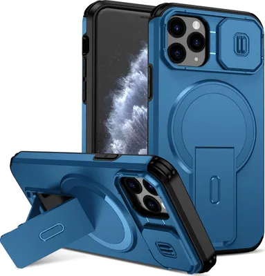 Immagine prodotto di Custodia magnetica per iPhone 11 Pro, custodia resistente a doppio strato con protezione scorrevole della fotocamera e supporto regolabile Blu