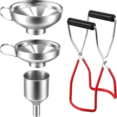 A set of canning tools including funnels and jar lifters on a white background.