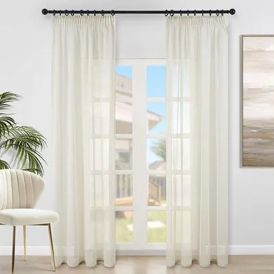 Zdjęcie produktu dla Unyqoos® Zestaw 2 zasłon półprzezroczystych, 140 x 240 cm, beżowe, wykonane z poliestru z taśmą marszczącą – ochrona przed wzrokiem, idealne do salonu i sypialni