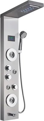 Produktbild von Linuode 2021 Neu Luxus Schwarz / Gebürstet Bad Dusche Wasserhahn LED Duschpaneel Spalte Badewanne Mischbatterie Mit Handbrause Temperaturschirm,Nickel gebürstet A
