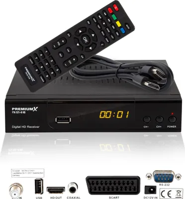 Produktbild von PremiumX Satelliten Receiver HD 521 FTA Digital SAT TV Receiver DVB S2 FullHD HDMI SCART 2X USB Multimedia Player 12V Externe Netzteil Starke Leistung