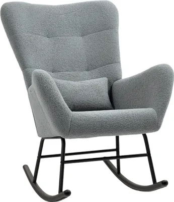 A gray rocking chair with a small pillow, shown from the front.
