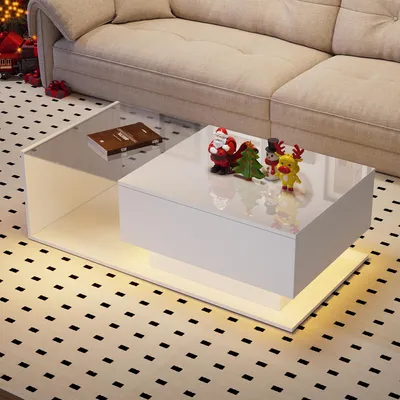 Immagine prodotto di Tavolino da divano STILVORA con piano in vetro e illuminazione LED, tavolino per soggiorno con 1 cassetto, superficie resistente ai graffi, bianco lucido