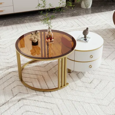 Produktbild von okwish 2-in-1 runder Couchtisch aus MDF, Beistelltisch 70*70*45 + 50*50*40 cm mit Platte aus gehärtetem Glas, Couchtischkombination mit 2 Schubladen, Weiß/Braun
