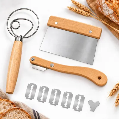 Produktbild von 3er Bäckermesser mit 5 Ersatzklingen für Baguette Brötchen Backen Teigmesser, Dänischer Schneebesen, Brotbackzubehör für DIY Brotteig Muster
