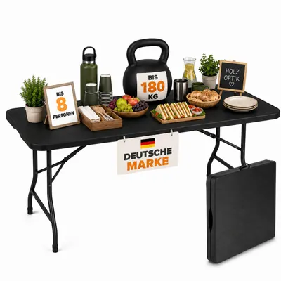 Produktbild von ONBEST Klapptisch Borkum | 180 cm | 180 kg | Tragegriff | Wetterfest | Klappbar | Kunststoff in Holzoptik