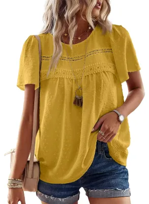 Image de TUUHAW - Tunique pour femme, style bohème, blouse d'été, top à manches courtes, détails en volants, couleur jaune