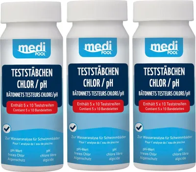 Produktbild von 3 Dosen 502010803MP mediPOOL Teststreifen für Chlor / pH Wert / Algenschutz 150 Teststäbchen