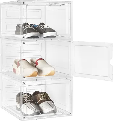Produktbild von WOLTU Schuhboxen, 3er Set stapelbare Schuhbox, Schuhkasten, mit magnetischer Tür, transparente Box für Schuhe bis Größe 46 Sportschuhe High Heel Spielzeug, aus Kunststoff