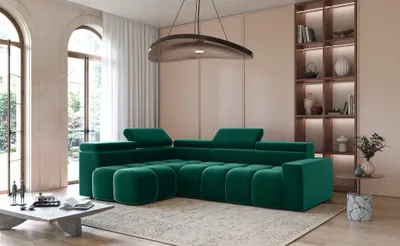 Productafbeelding van Designbank DARCY, model Ecksofa, bekleding: stof Salvador, kleur: flessengroen, met hocker aan de linkerkant