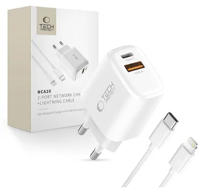 Zdjęcie produktu dla Ładowarka Sieciowa Tech-Protect Nca20 Pd 20W Qc3.0 Usb-A / Usb-C + Kabel Usb-C / Lightning 100Cm - Biała