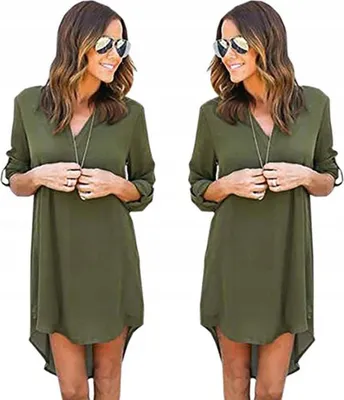 Immagine prodotto di Abito - Abito da donna largo - Asimmetrico - Abito a camicia - Con maniche - Oversize - Khaki