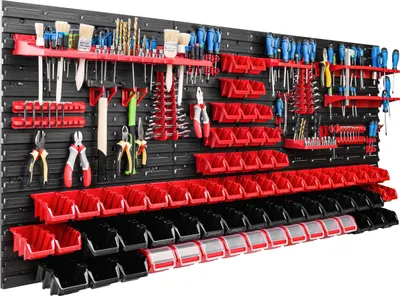 Immagine prodotto di Sistema di stoccaggio Scaffale da officina | 172 x 78 cm | 70 pezzi. Scatola | Scaffale a muro con supporti per utensili e contenitori impilabili - Pannelli a muro Scaffale extra forte Scaffale forato per utensili Scaffale da magazzino Scaffale da garage