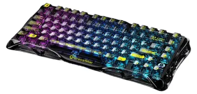 A mechanical keyboard with a gradient of purple and blue lighting.