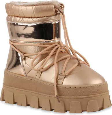 A single rose gold winter boot with a tan platform sole and laces is shown against a white background.