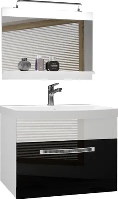 Produktbild von BELINI Badmöbel Vollausstattung Set Waschbeckenschrank, Waschbecken, Spiegel, Lampe (Schwarz/ Weiss, Glänzend)