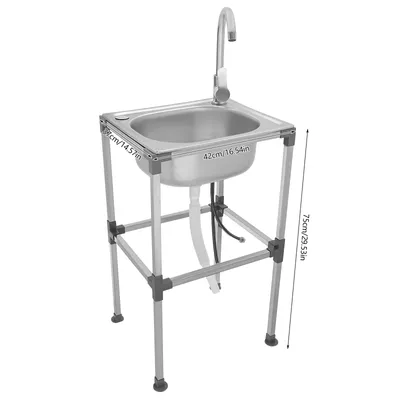 A freestanding stainless steel sink with a faucet on a white background.