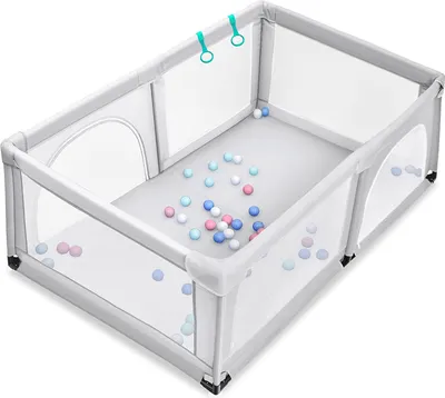 Produktbild von Laufgitter Baby mit Tür, 190 x 120cm, Krabbelgitter mit Amtungsaktivem Netz, Absperrgitter für Baby ab 10 Monate, Aktivitätszentrum mit 50 Bunten Bällen, Schutzgitter Laufstall (Grau)