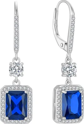 Produktbild von 925 Sterling Silber Prinzessschliff Hängend Ohrringe Blau Saphir Geburtsstein