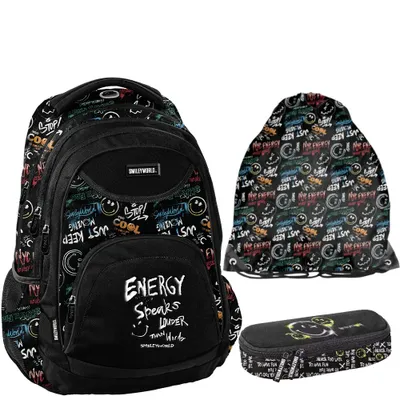 Image de Sac à dos scolaire BeUniq SMILEY - Lot de 3 pièces, noir