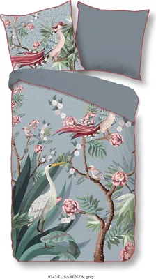 Produktbild von Descanso Bettwäsche "Sarenza" mit Kranich mit Blumen - Grey - 135 X 200 cm  - Organic 100% Baumwolle / Satin