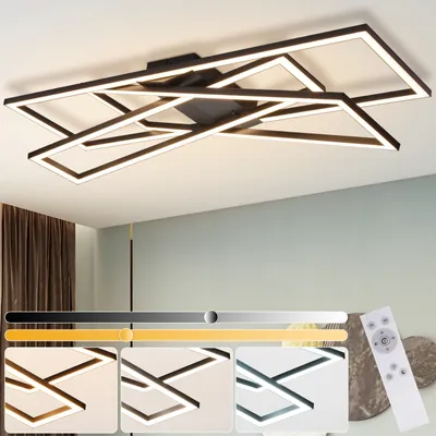 A modern geometric ceiling light fixture with integrated LED lighting, shown in a room setting with color temperature controls and a remote.