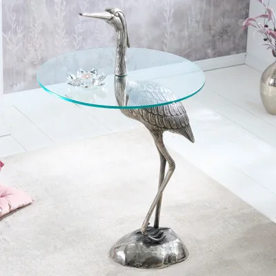 Produktbild von riess-ambiente Runder Beistelltisch WILDLIFE HERON 90cm silber Metall Glas Fischreiher Skulptur Couchtisch Tisch