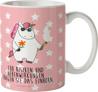 Produktbild von Mr. & Mrs. Panda Mehrwegbecher Einhorn Woodstock - Rot Pastell - Geschenk, Einhörner, Plastikbecher, Haferl, Joint, Kiffen, Kindertasse, Pott, Party, Alkohol, Unicorn