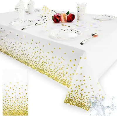 Produktbild von Einweg-Tischdecke für einen mit weißer Folie und goldenem Konfetti gedeckten Tisch, groß, 137 x 274 cm