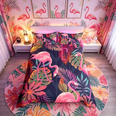 Bettbezug-Set doppelt, Mikrofaser, Flamingo-Motiv, bunt, 3-teilig, wendbar