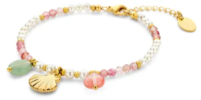 Produktbild von CO88 Collection 8CB-91294 Perlenarmband mit kleinen Perlen und Anhängern – Perle – 3 mm – Rosa Jade – Muschel – 10 x 13 mm – 16,5 + 3 cm – Rosa – Weiß – Goldfarben