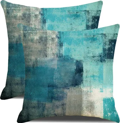 Productafbeelding van Kussenslopen 45 x 45 cm, set van 2 kussenslopen met abstracte kunst, groenblauw en grijs, eigentijdse galerij
