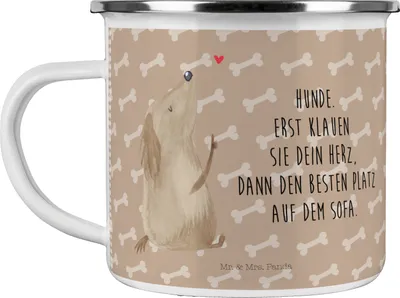 Produktbild von Mr. & Mrs. Panda Teebecher Hund Liebe - Hundeglück - Geschenk, Süß, Hunde, Herz, Emaille Tasse, Pott, Teetasse, Becher, Haferl, Sprüche