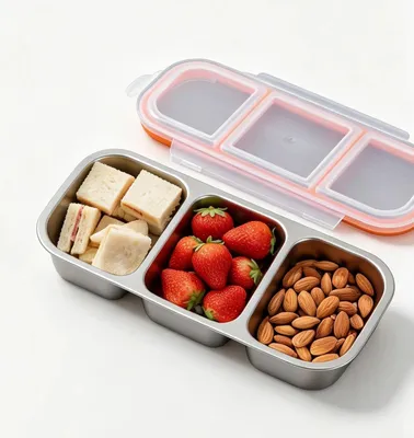Edelstahl Snackbox 3 Fächer, auslaufsicher, 600 ml, spülmaschinengeeignet