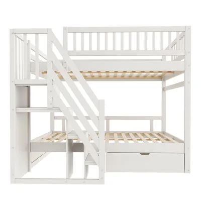 Produktbild von Flieks Etagenbett 140x200cm mit Kleiderschrank und Schublade, Kinderbett Hochbett mit Treppe und Lattenrost, Stockbett mit Rausfallschutz, Weiß