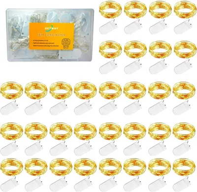 Productafbeelding van LED-lichtsnoer op batterijen - Set van 32 - Koperdraad - 1 m - 10 leds - Warmwit - Kerstverlichting voor slaapkamer