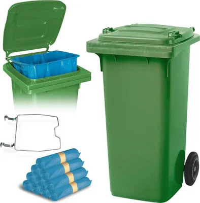 Produktbild von BRB 120 Liter Mülltonne grün mit Halter für Müllsäcke, inkl. 250 Müllsäcke