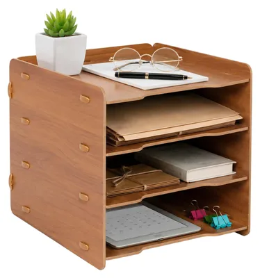 Produktbild von Relaxdays Briefablage, DIN A4, 4 Fächer, HxBxT: 25 x 25 x 31 cm, MDF, Stecksystem, Ablagefächer Büro, Büroablage, braun