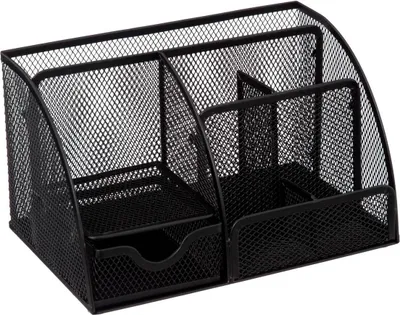 A black metal desk organizer with multiple compartments.