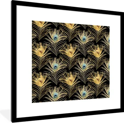 Produktbild von MuchoWow® Gerahmtes Poster Muster - Pfauenfedern - Gold 40x40 cm - Poster mit Schwarzem Bilderrahmen Wandposter Rahmen Foto Bilder - Poster - Plakat im Rahmen